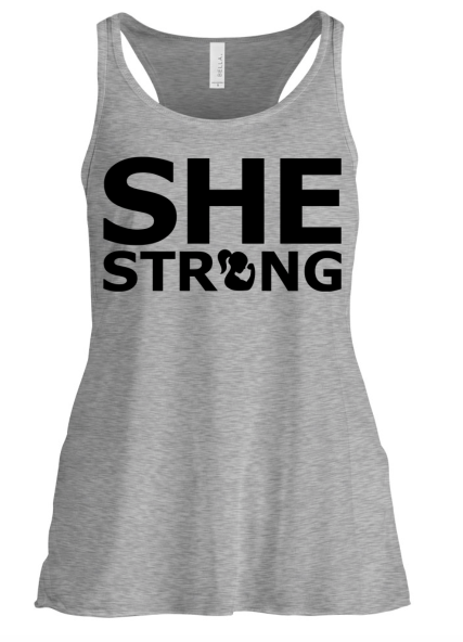 SHE STRONG Racerback Tank Gray – Motivation Tee at allaboutshe.net