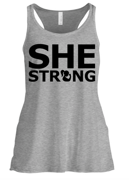 SHE STRONG Racerback Tank Gray – Motivation Tee at allaboutshe.net