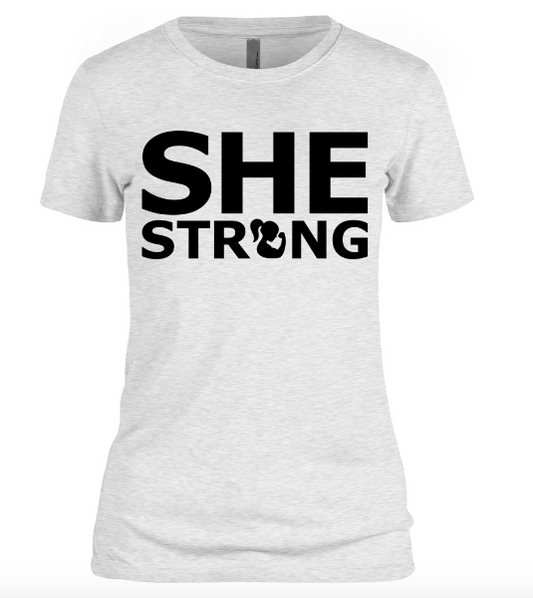 SHE STRONG 2 Heather White Tee – All About She Motivational Tee